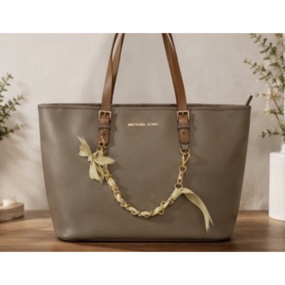 MICHAEL Michael Kors Handbags - Michael Kors Large Saffiano Leather Tote Bag Taupe Brown Shoulder Purse Gold